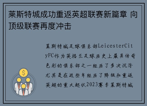 莱斯特城成功重返英超联赛新篇章 向顶级联赛再度冲击
